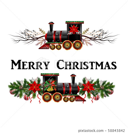 Little Christmas train with wagons decorated red ribbon Vector Little Christmas train with wagons decorated red ribbon Vector 58843842