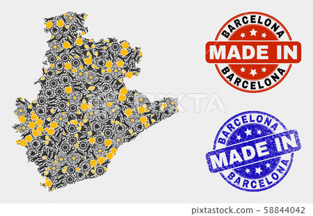 Mosaic Barcelona Province Map of Technology Elements and Made In Grunge Stamp 58844042