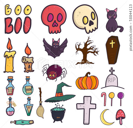 Doodle collection with big halloween set for party design. 58844113