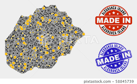 Mosaic Alegranza Island Map of Industrial Elements and Made In Grunge Stamp 58845739