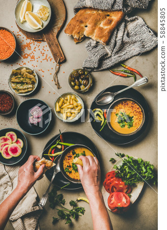 Turkish traditional lentil soup Mercimek and Turkish traditional lentil soup Mercimek and 58845805