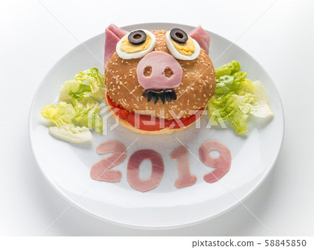 Kids new year ham burger, lettuce salad and 2019 Kids new year ham burger, lettuce salad and 2019 58845850