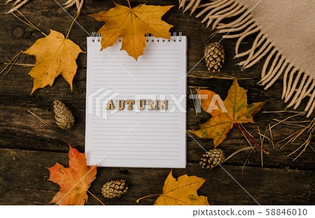 White blank notebook and pen with wooden letters the word autumn on a dark background with a scarf 58846010