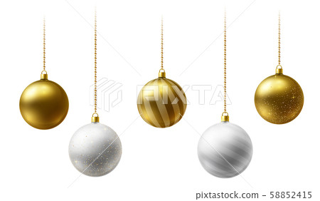 Realistic gold and white Christmas balls hanging on gold beads chains on white background Realistic gold and white Christmas balls hanging on gold beads chains on white background 58852415