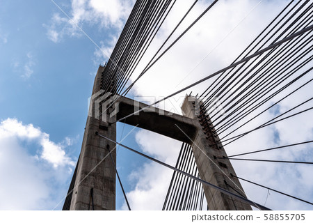 Modern suspension bridge. Detail of tower and steel cables Modern suspension bridge. Detail of tower and steel cables 58855705