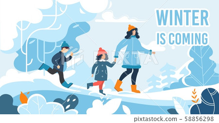 Flat Poster with Snowy Woodland and Happy Family Flat Poster with Snowy Woodland and Happy Family 58856298