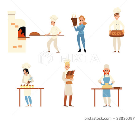 Cartoon people in bakery - flat isolated set. Chef men and women baking bread