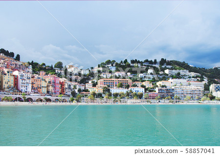 Colorful houses in old part of Menton, French 58857041