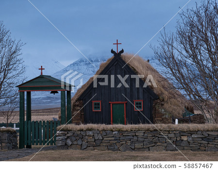 The entrance to a small peat church in Iceland 58857467