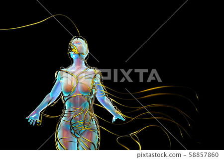 Abstract Flying female figure is wrapped up by branches of magic plant isolated on black background 58857860
