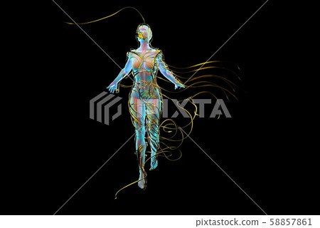 Abstract Flying female figure is wrapped up by branches of magic plant isolated on black background 58857861