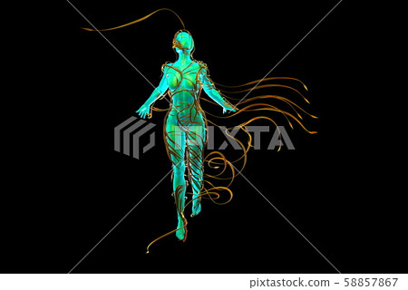 Abstract Flying female figure is wrapped up by branches of magic plant isolated on black background Abstract Flying female figure is wrapped up by branches of magic plant isolated on black background 58857867