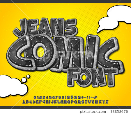 Jeans comics font. Denim alphabet in pop art style Jeans comics font. Denim alphabet in pop art style 58858676