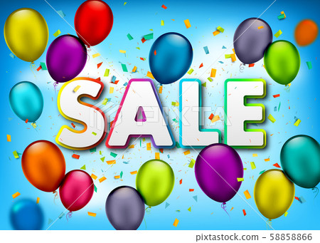 Sale banner with confetti, air balloons on sky 58858866
