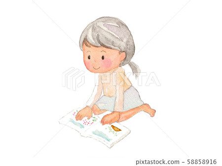 Hand-painted watercolor girl who likes books 58858916