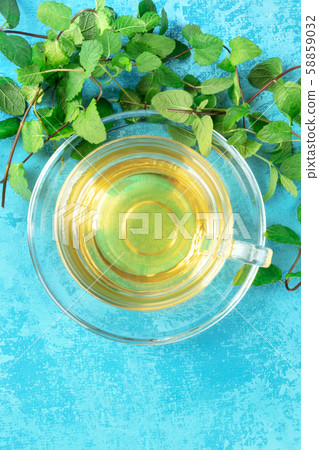Mint tea cup, shot from above on a blue background with vibrant fresh mint leaves and copyspace 58859032