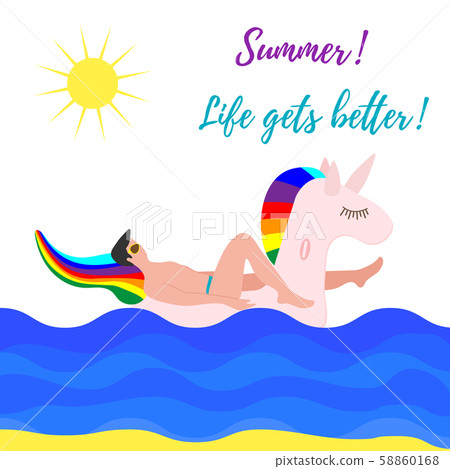 Man swims on inflatable unicorn on the sea Vector Man swims on inflatable unicorn on the sea Vector 58860168