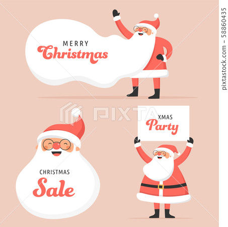 Collection of happy Santa Clauses, dancing, jumping, holding sign, driving on scooter 58860435