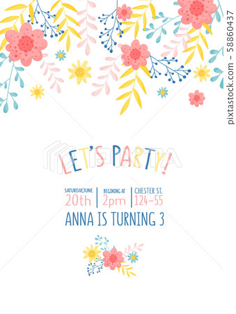 Cute Pastel Floral Design For Invitation To Party Vector Illustration 58860437