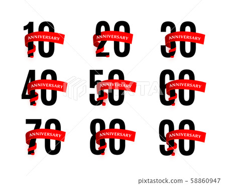 Anniversaries numbers with red ribbon vector illustrations set Anniversaries numbers with red ribbon vector illustrations set 58860947