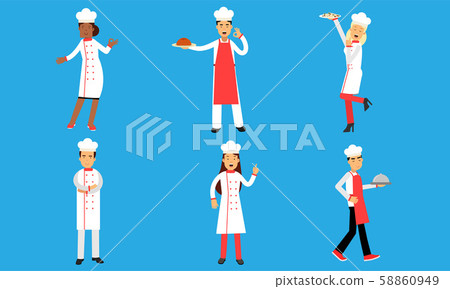 Men And Women Prepare Different Dishes Vector Illustration Set Isolated On Blue Background Men And Women Prepare Different Dishes Vector Illustration Set Isolated On Blue Background 58860949