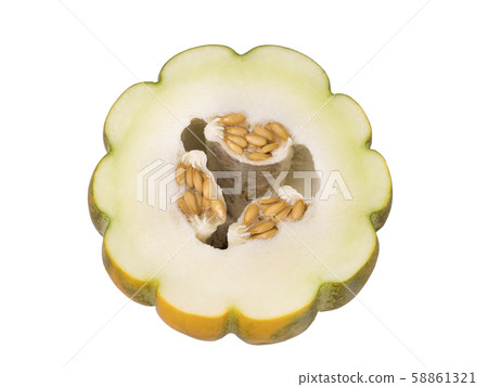 Half of ripe fresh melon with seeds isolated on background. 58861321