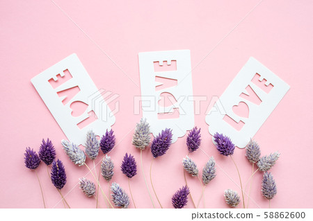 White gift tag with inscription love on a pink background. White gift tag with inscription love on a pink background. 58862600