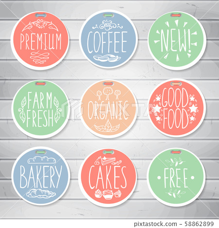 Vintage food labels on wooden background. Hand-drawn lettering Vintage food labels on wooden background. Hand-drawn lettering 58862899