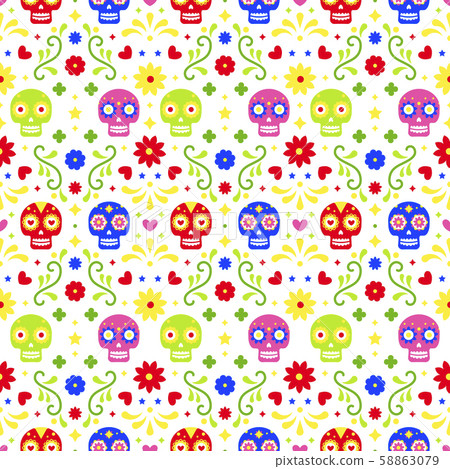 Day of the dead seamless pattern with colorful skulls and flowers on white background. Traditional 58863079