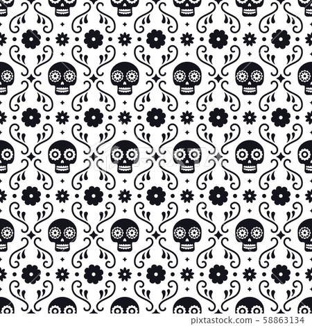 Day of the dead seamless pattern with skulls and flowers on white background. Traditional mexican 58863134