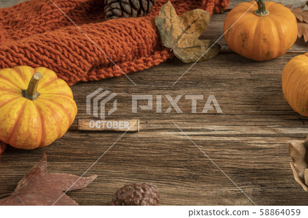 template for october with dried leaves on wooden 58864059