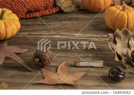 template for october with dried leaves on wooden template for october with dried leaves on wooden 58864062