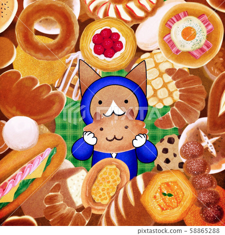 A lot of bread and a delicious cat - Stock Illustration [58865288] - PIXTA