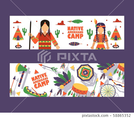 Native American camp banner, vector illustration. Invitation to children summer camp in American Native American camp banner, vector illustration. Invitation to children summer camp in American 58865352