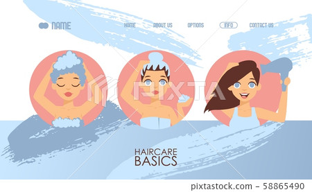 Hair care basics, vector illustration. Website template, haircare products guide, shampoo and mask 58865490