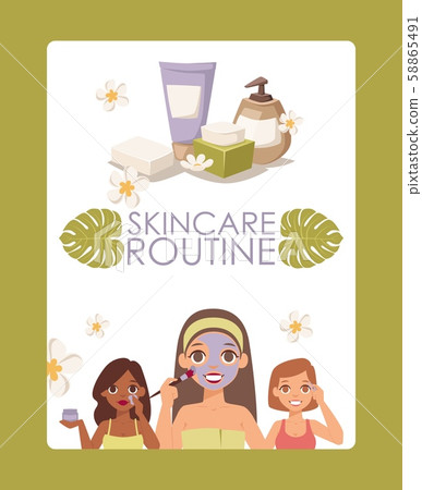 Skincare routine, vector illustration. Face skin treatment products advertisement poster, brochure 58865491
