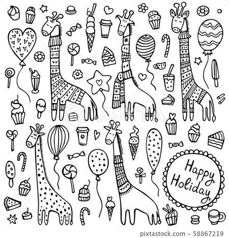 A set of doodle giraffes with knitted scarves and warm winter sweaters surrounded by balloons, cakes, candies, and other sweet things. A set of doodle giraffes with knitted scarves and warm winter sweaters surrounded by balloons, cakes, candies, and other sweet things. 58867219