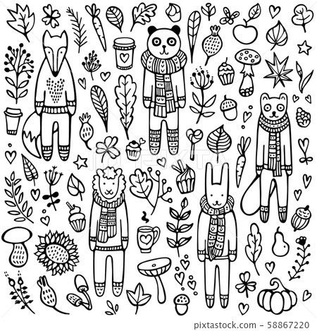 A set of doodle rabbit, fox, sheep, ferret, panda with knitted scarves and warm winter sweaters surrounded by leaves, branches, mushrooms and other elements.  58867220