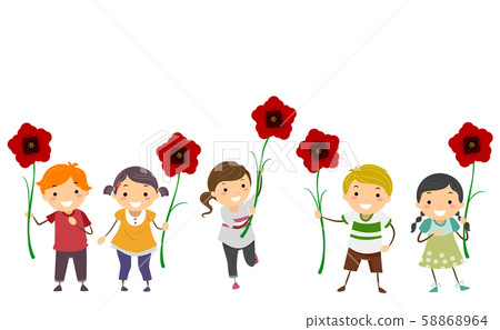 Stickman Kids Poppy Flowers Remembrance Day 58868964