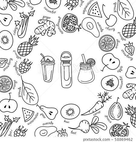 Smoothie, detox and fruits,Vector set. Vector isolated Illustration on white background for smoothies menu, recipes and packages product 58869462