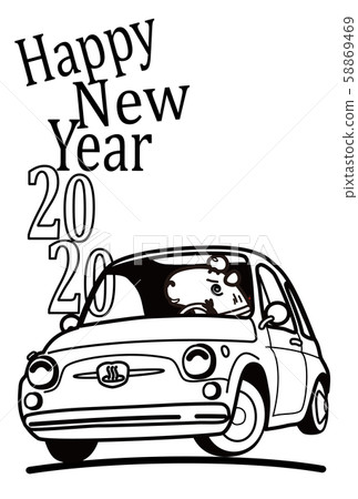 2020年新年賀卡彩圖小貓北和意大利緊湊型車 58869469