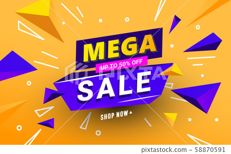 Mega Sale Banner Template With Polygonal 3d Shapes Stock Illustration