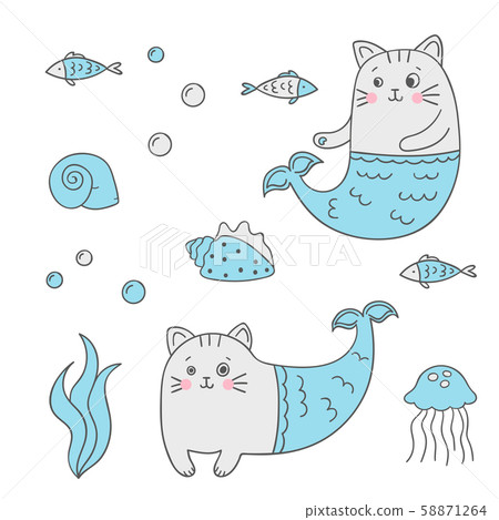 Cute cat mermaid, shell, fish set - Stock Illustration [58871264] - PIXTA