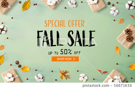 Fall sale banner with gift boxes with leaves Fall sale banner with gift boxes with leaves 58871638