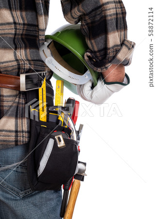 Carpenter with work tools on a white background. Carpenter with work tools on a white background. 58872114