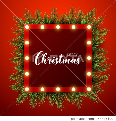 Christmas background with fir branches, light sign on red background, vector illustration 58873190