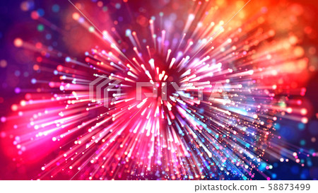 Abstract explosion of multicolored shiny particles or light rays like laser show. 3d render abstract 58873499