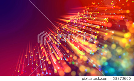 Abstract explosion of multicolored shiny particles or light rays like laser show. 3d render abstract 58873600