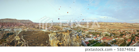 Cappadocia panoramic shot from a drone at sunrise Cappadocia panoramic shot from a drone at sunrise 58874662