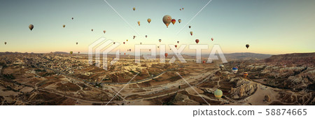 Cappadocia panoramic shot from a drone at sunrise Cappadocia panoramic shot from a drone at sunrise 58874665